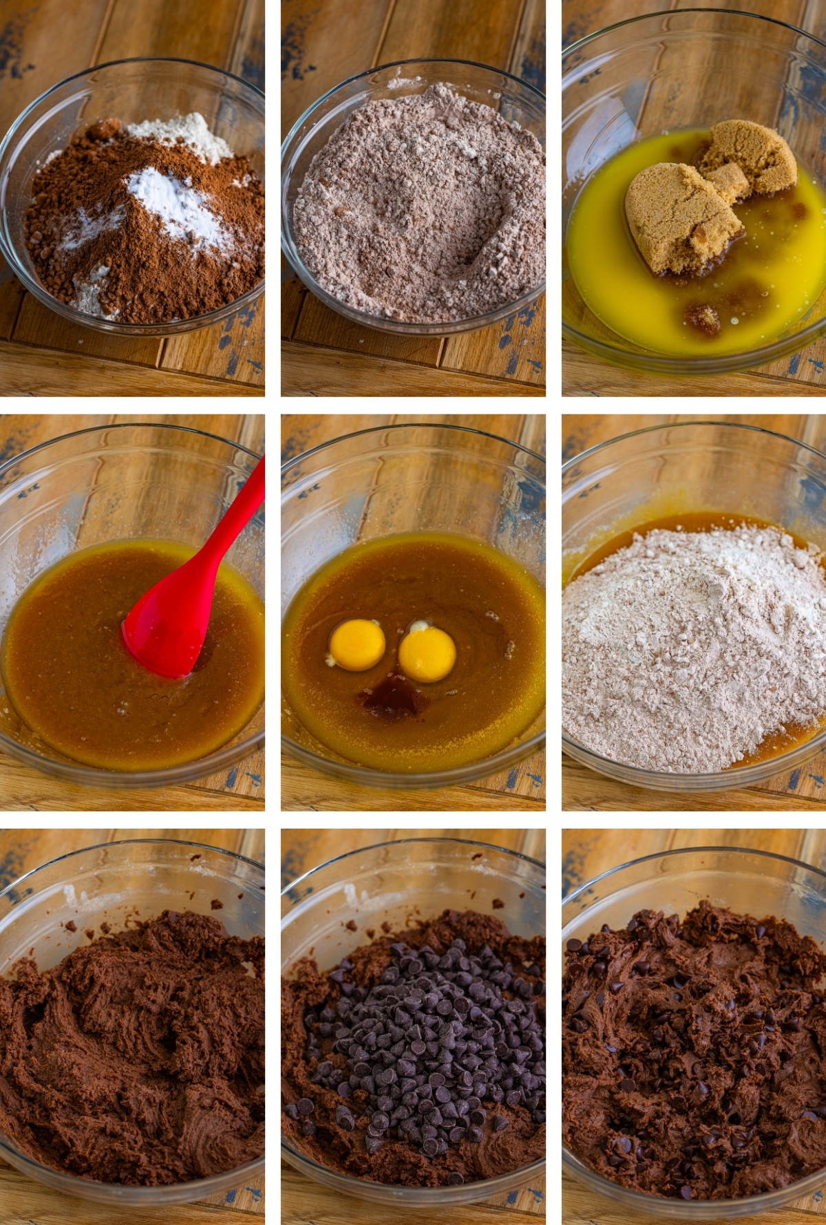 collage of images showing how to make the dough for Chocolate Cookie Bars