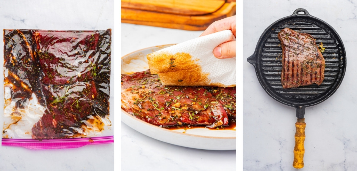 collage of images showing the final steps for Flank Steak Marinade