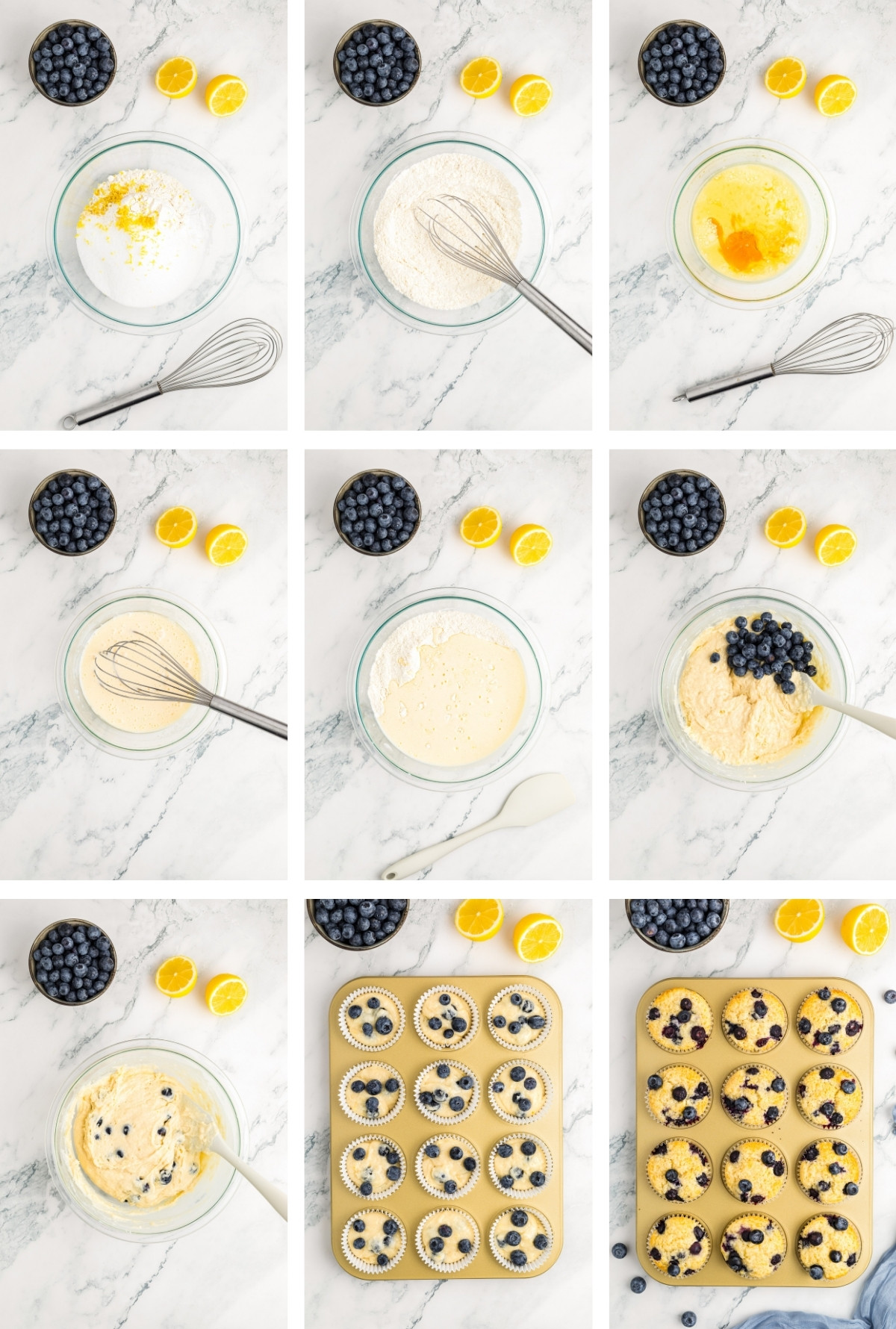 collage of images showing how to make Lemon Blueberry Muffins