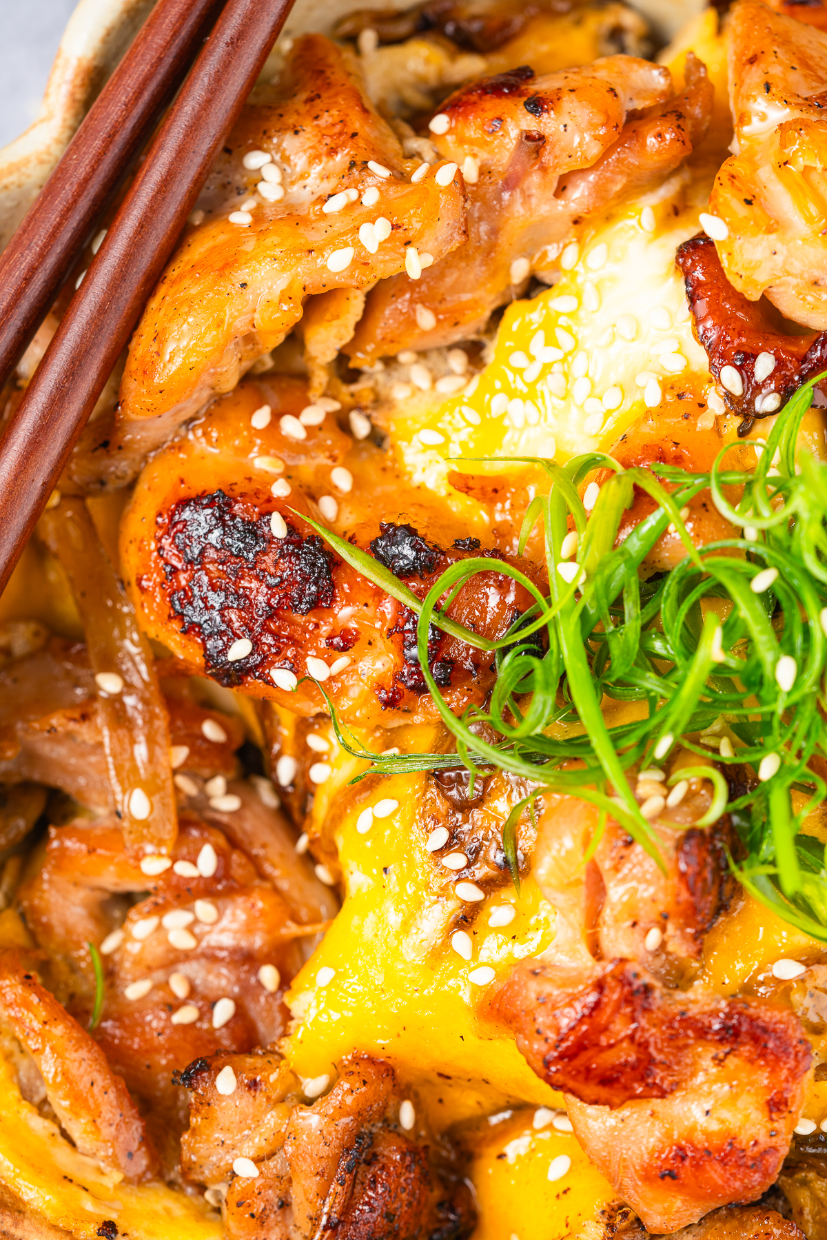 overhead up close image of Oyakodon in a bowl