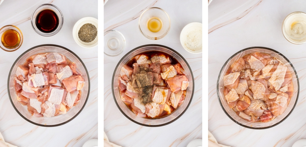 collage of images showing how to marinate the chicken for Oyakodon