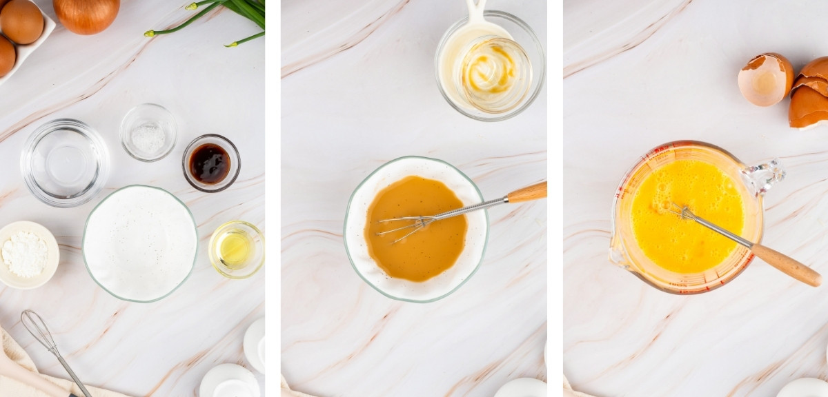 collage of images showing how to prepare the sauce and eggs for Oyakodon