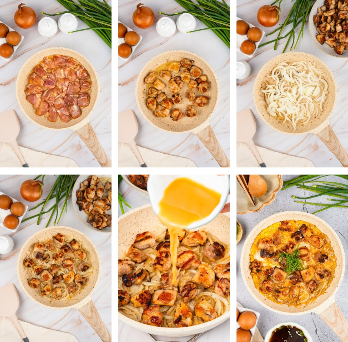 collage of images showing how to make the last steps of Oyakodon