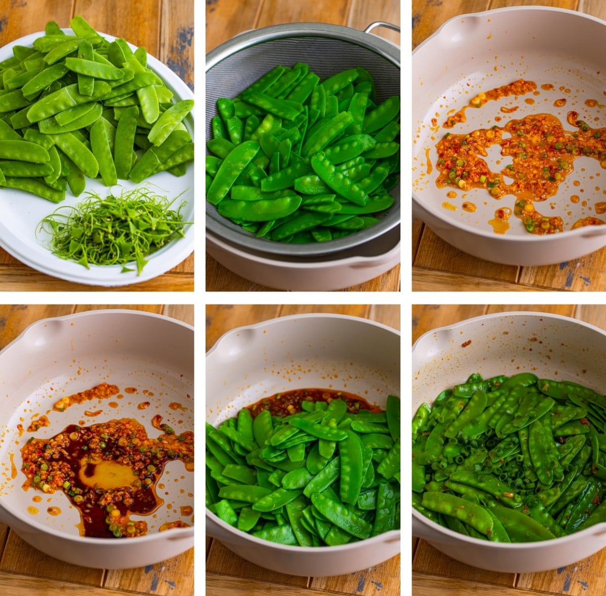collage of images showing how to make snow peas recipe