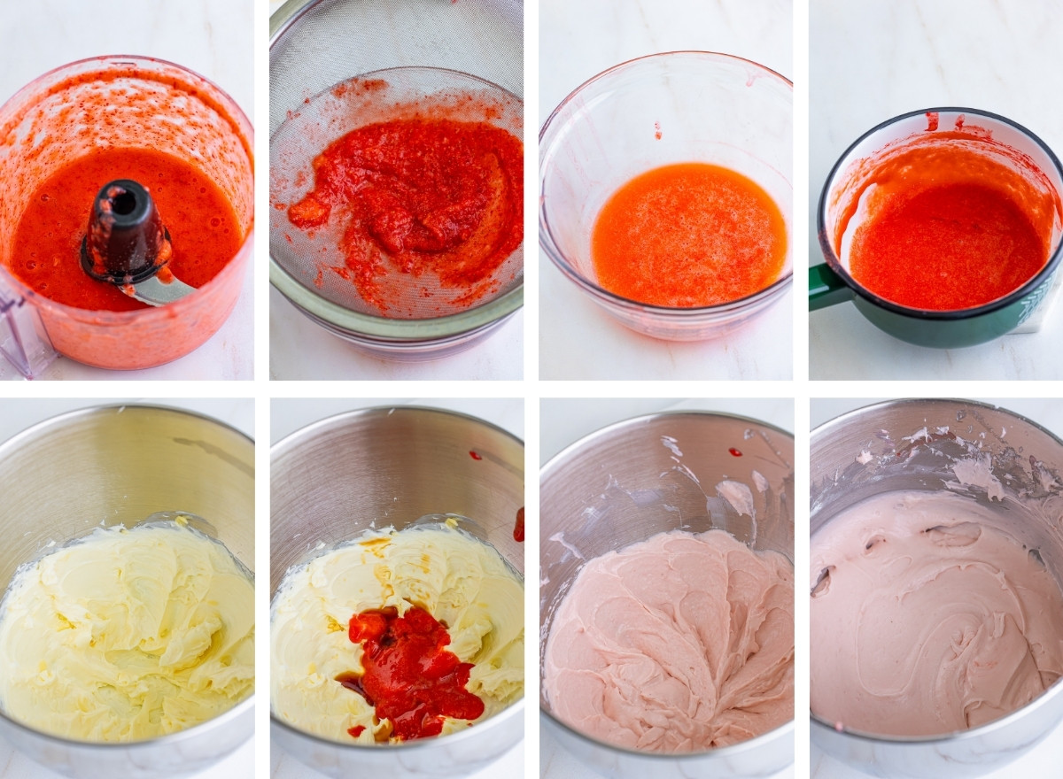collage of images showing how to make Strawberry Cream Cheese Frosting
