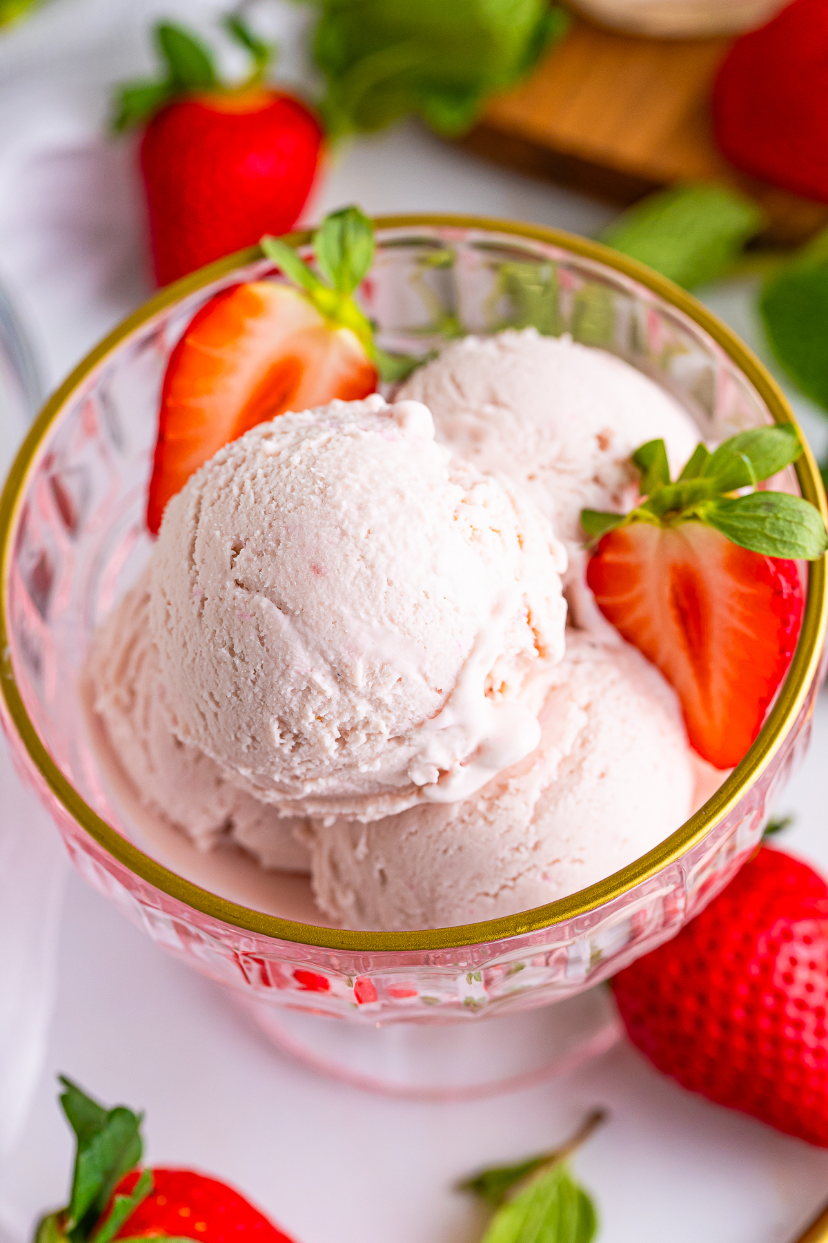 overhead image of Strawberry ice cream in a serving glass