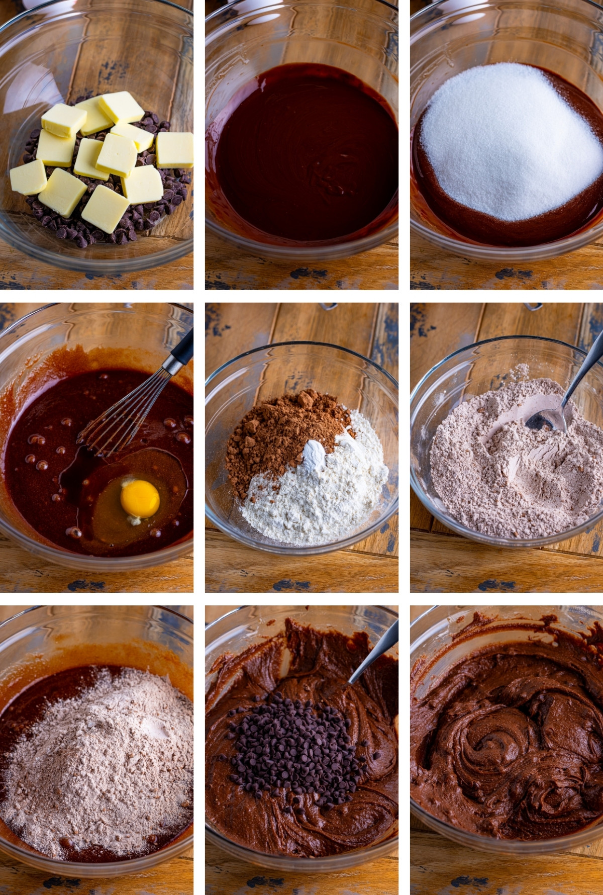 collage of images showing how to make the batter for 2 Bite Brownies
