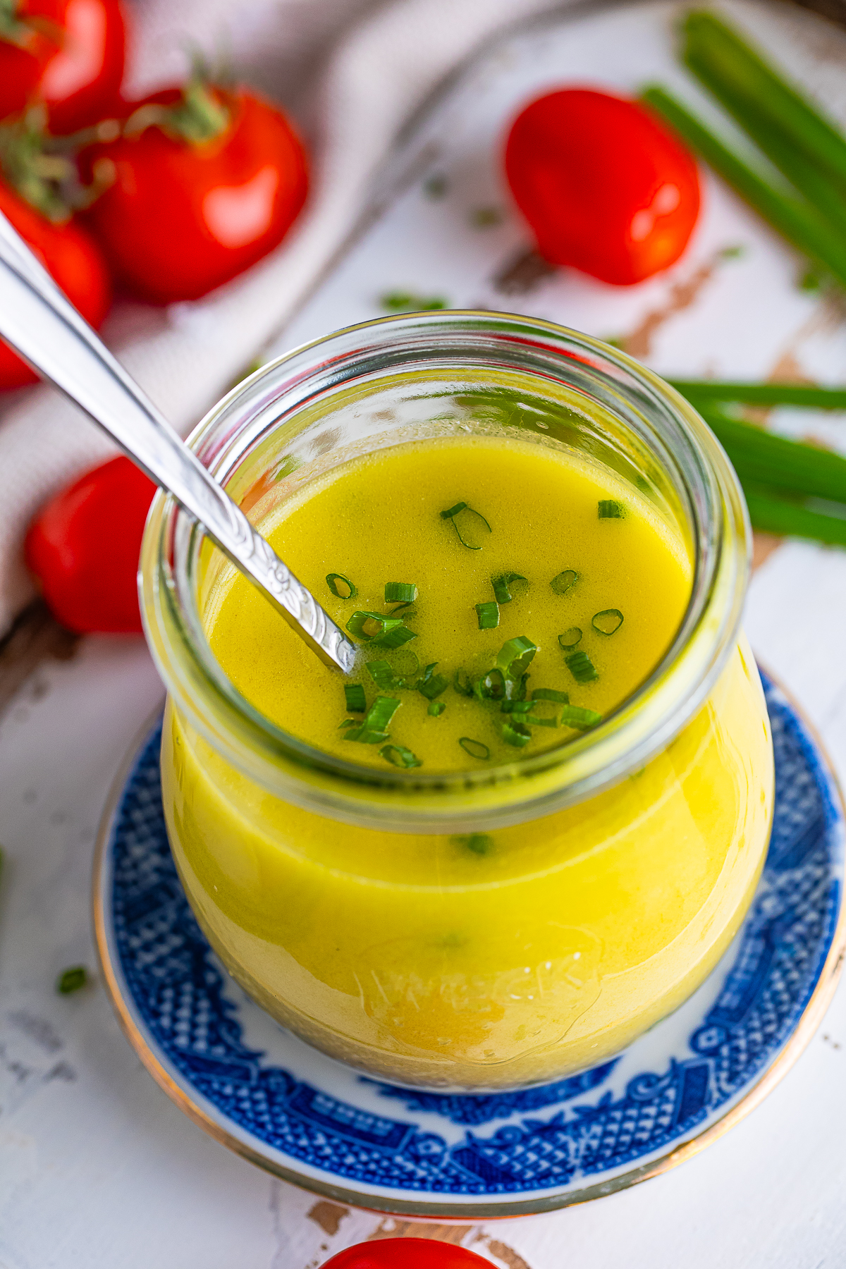 up close overhead image of Apple Cider Vinegar Dressing in a glass jar