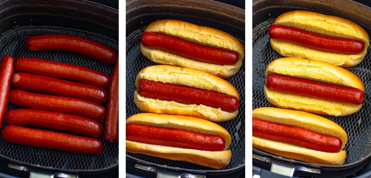 collage of images showing how to make Air Fry Hot Dogs