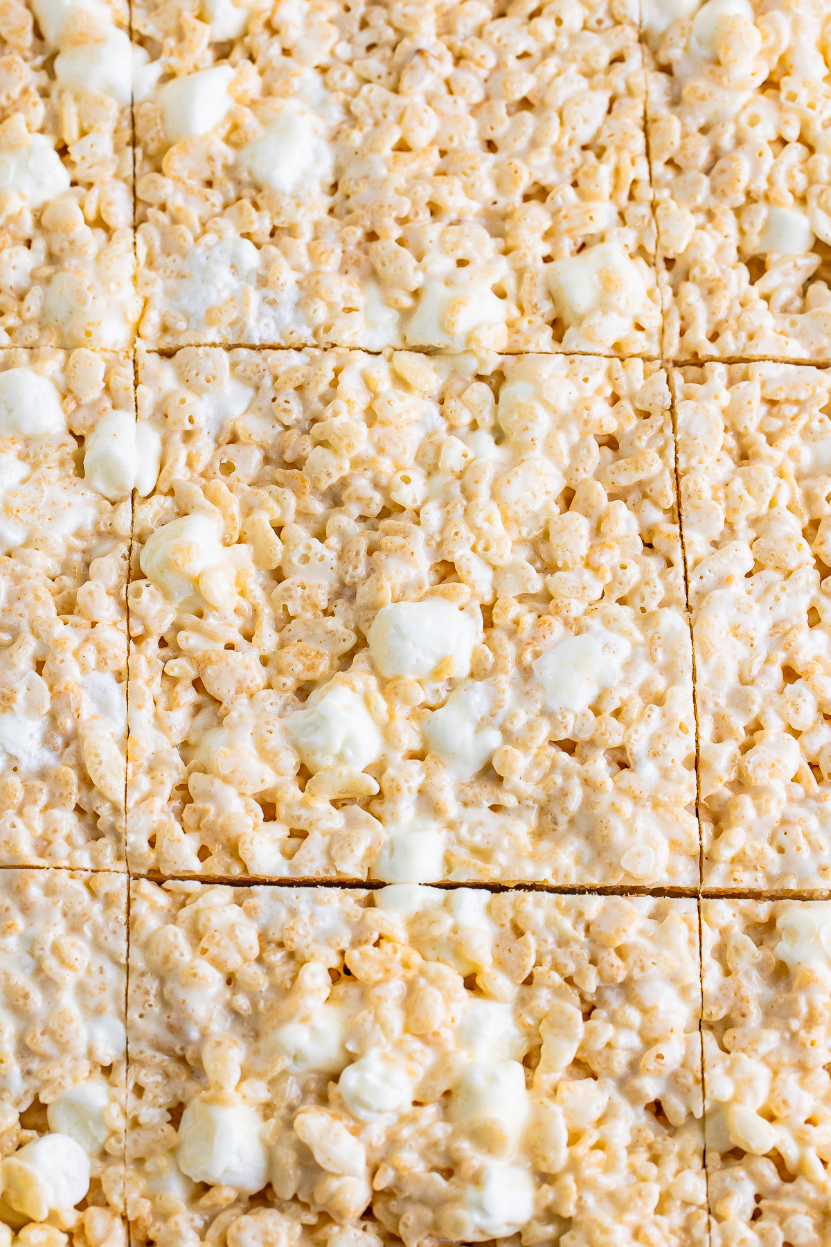 overhead image of cut Brown Butter Rice Crispy Treats