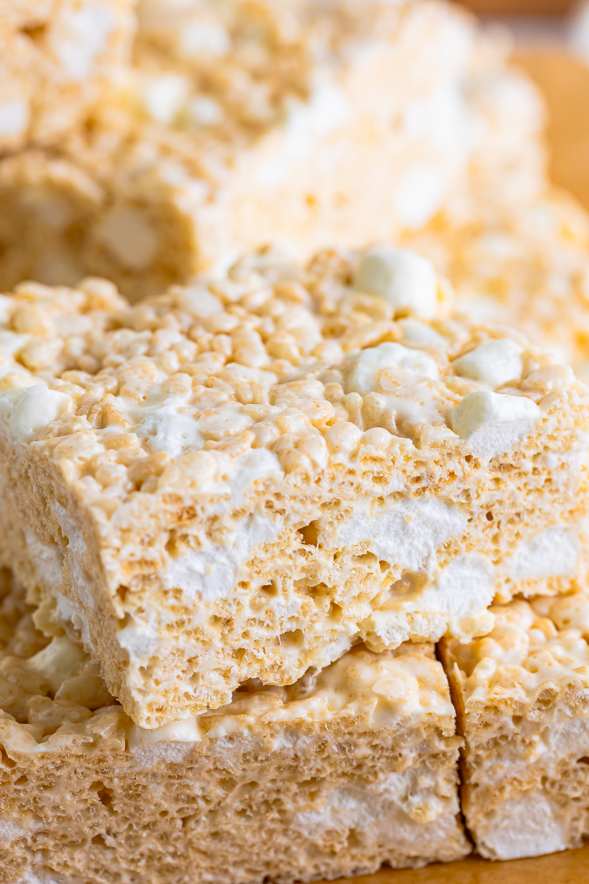 two Brown Butter Rice Crispy Treats stacked on top of each other