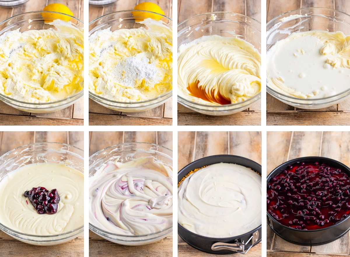 collage of images showing how to make the filling and final steps of No Bake Cheesecake with Blueberries