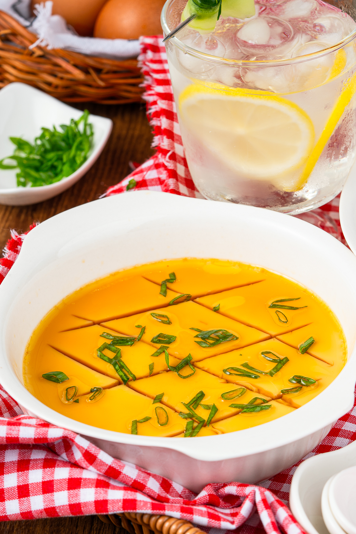 Chinese Steamed Eggs Recipe in a baking dish
