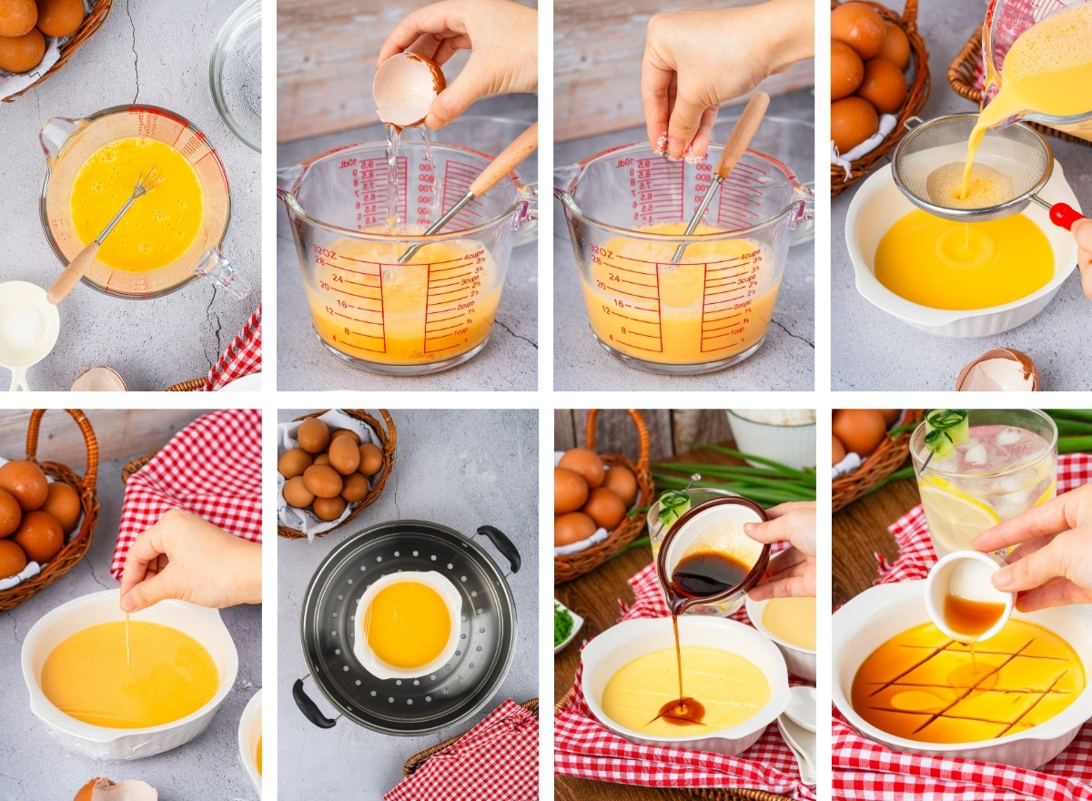 collage of images showing how to make Chinese Steamed Eggs Recipe