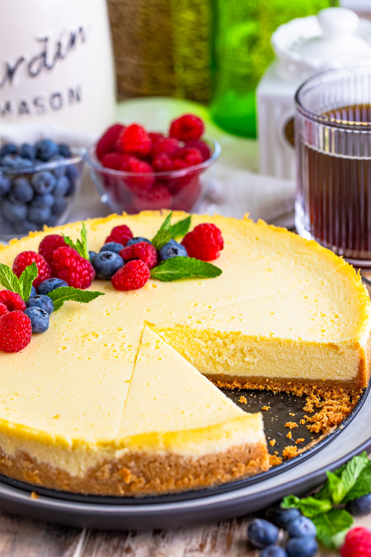 whole Cottage Cheese Cake with slices taken out