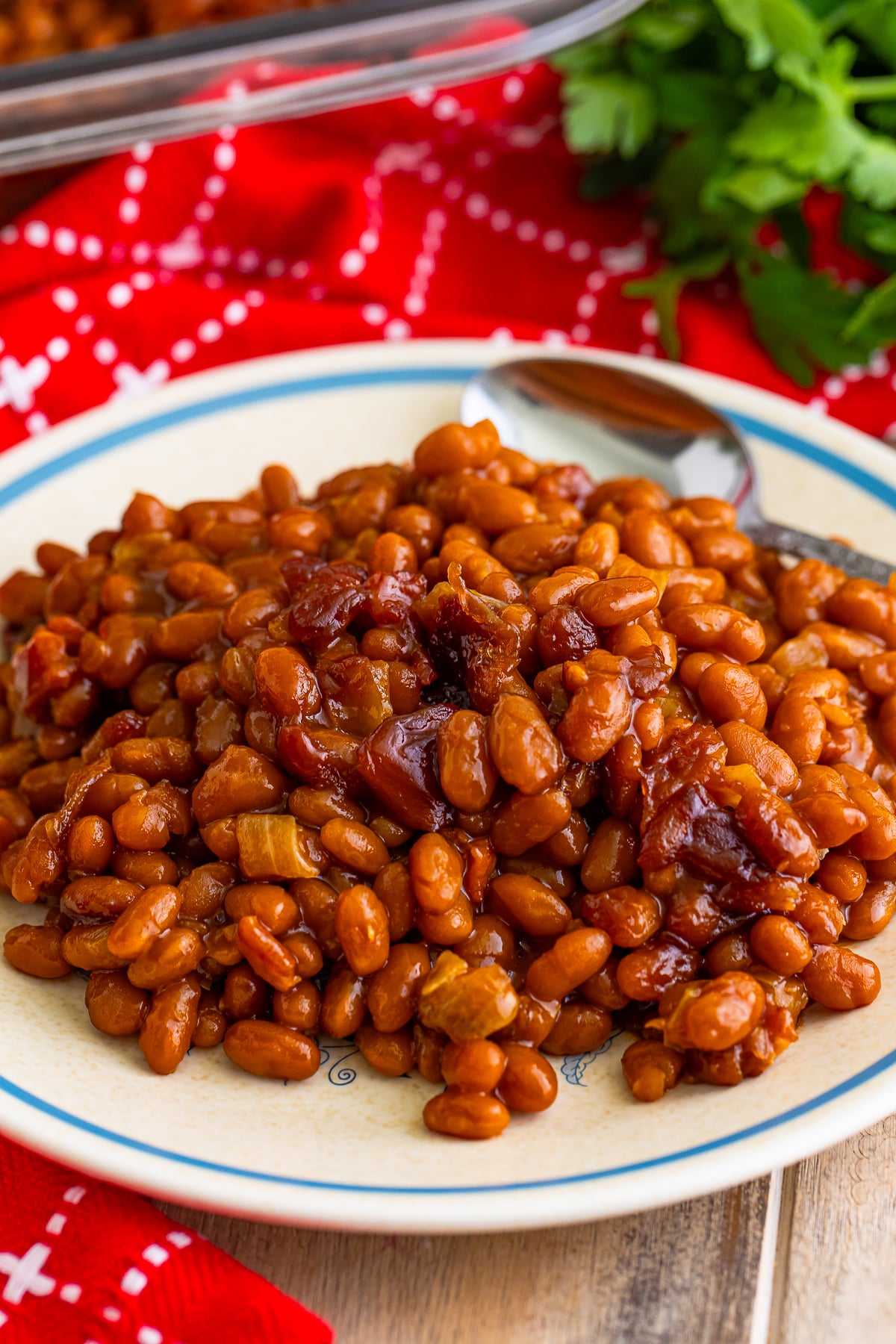 baked beans recipe served on a tan plate