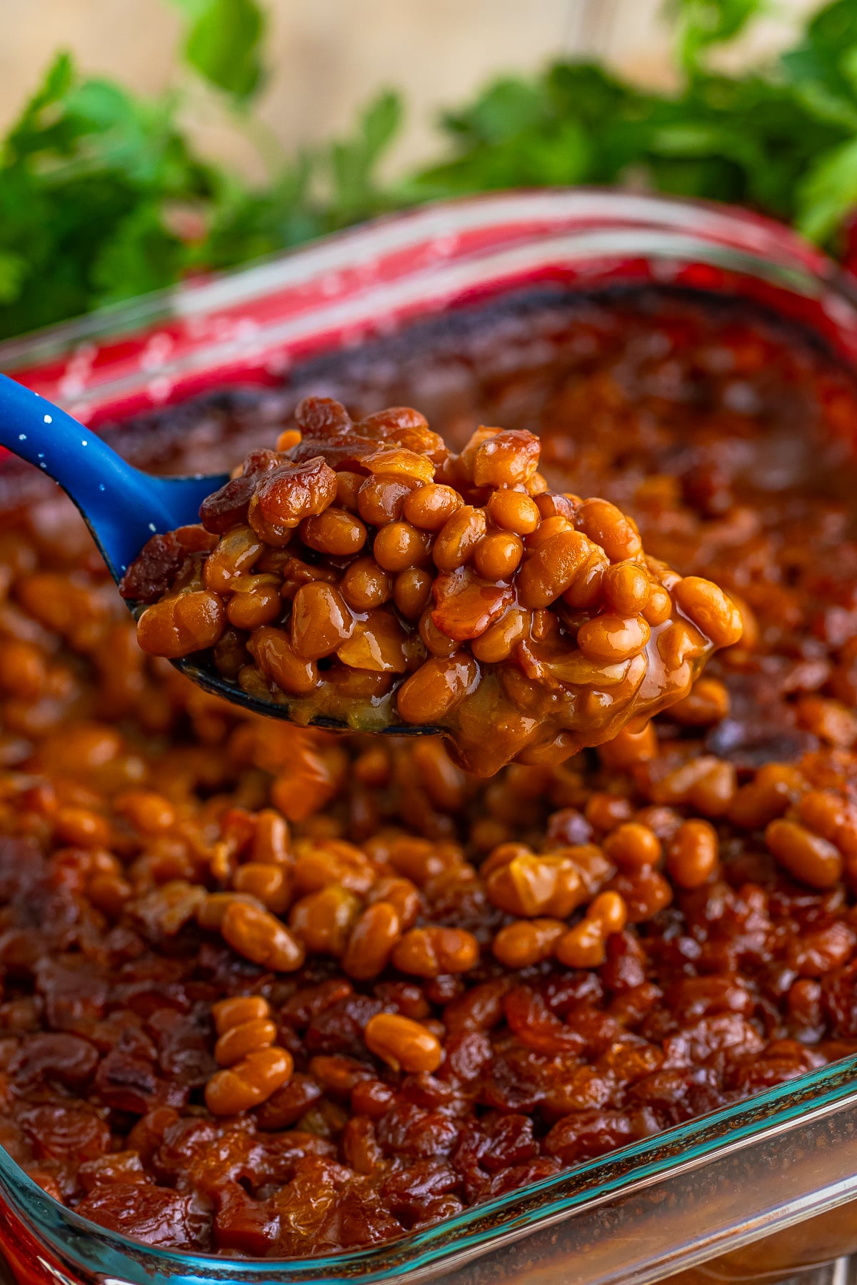 a spoon in air with baked beans recipe on it