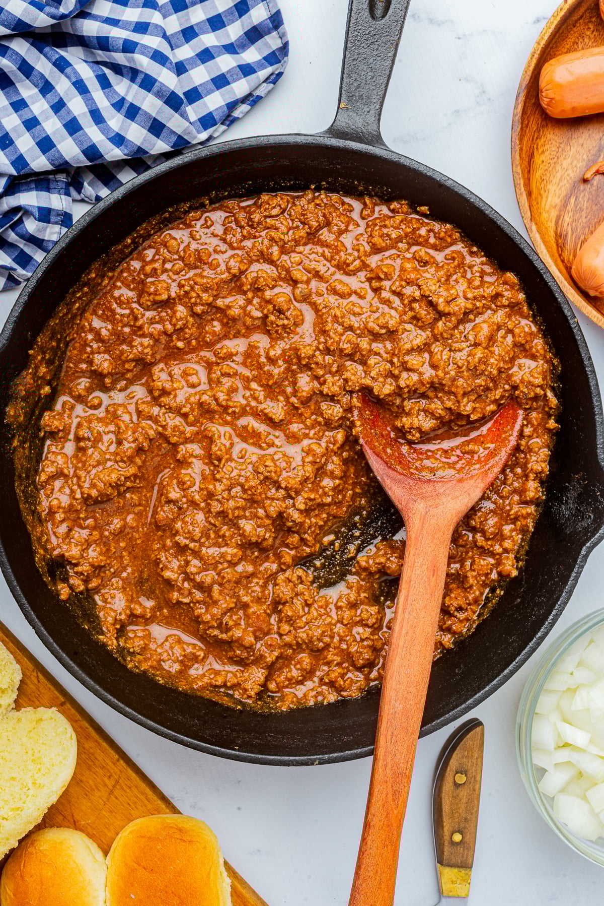 overhead image of Hot Dog Sauce in pan