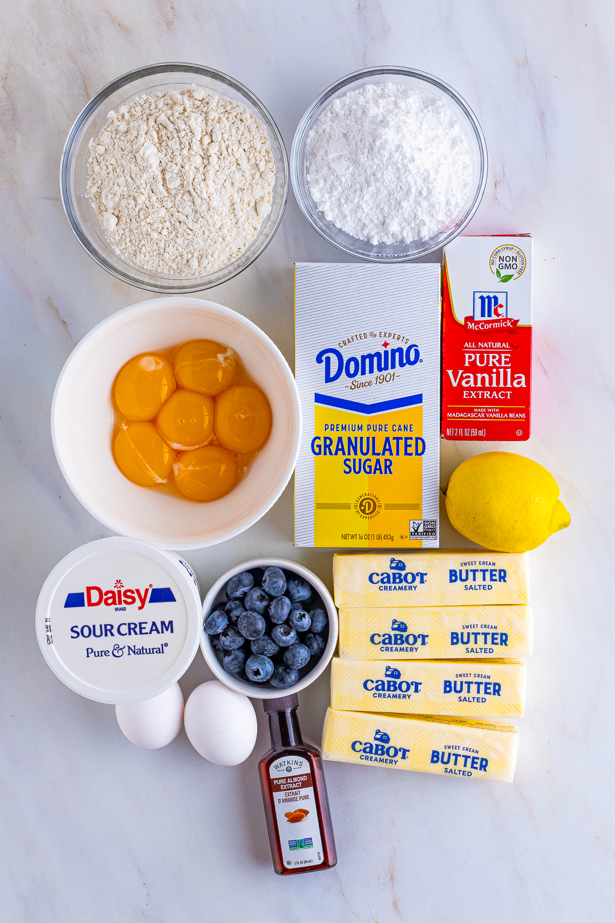 ingredients needed to make lemon blueberry pound cake
