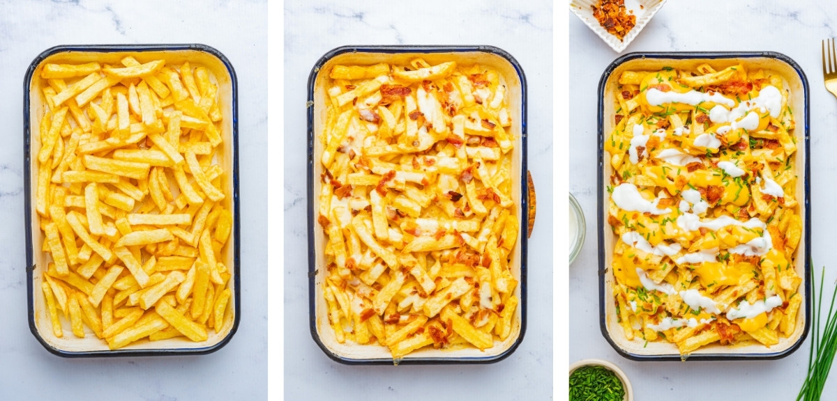 collage of images showing how to make Loaded French Fries