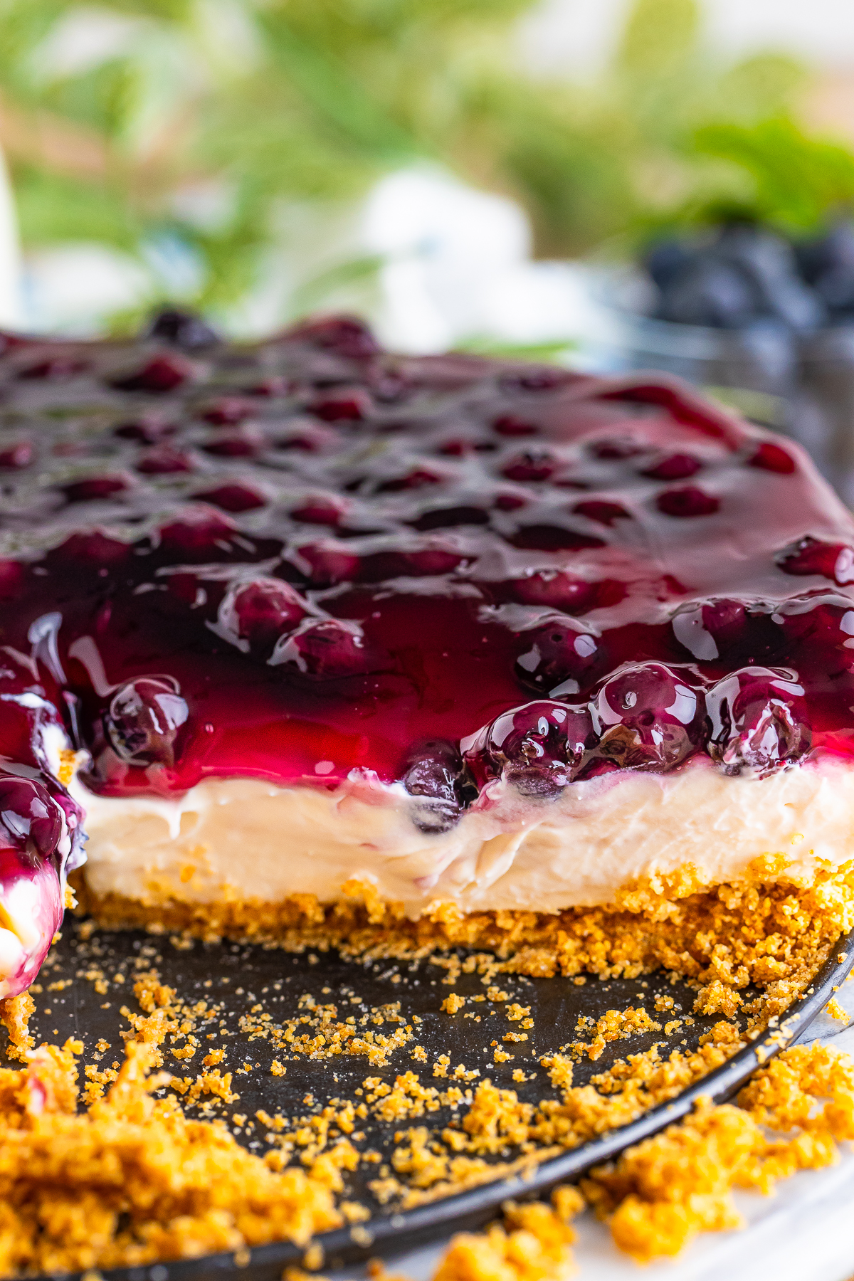 No Bake Cheesecake with Blueberries in the pan with a slice taken out