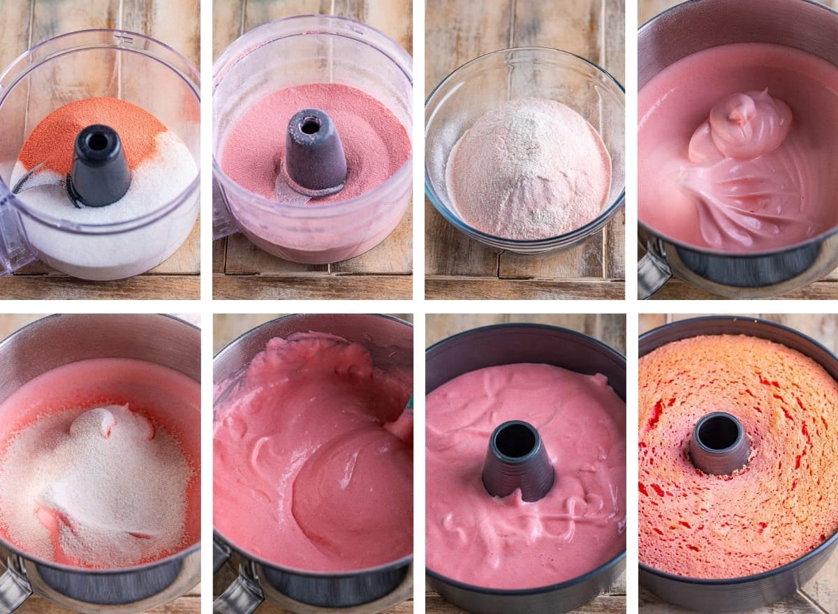 collage of images showing how to make Strawberry Angel Food Cake