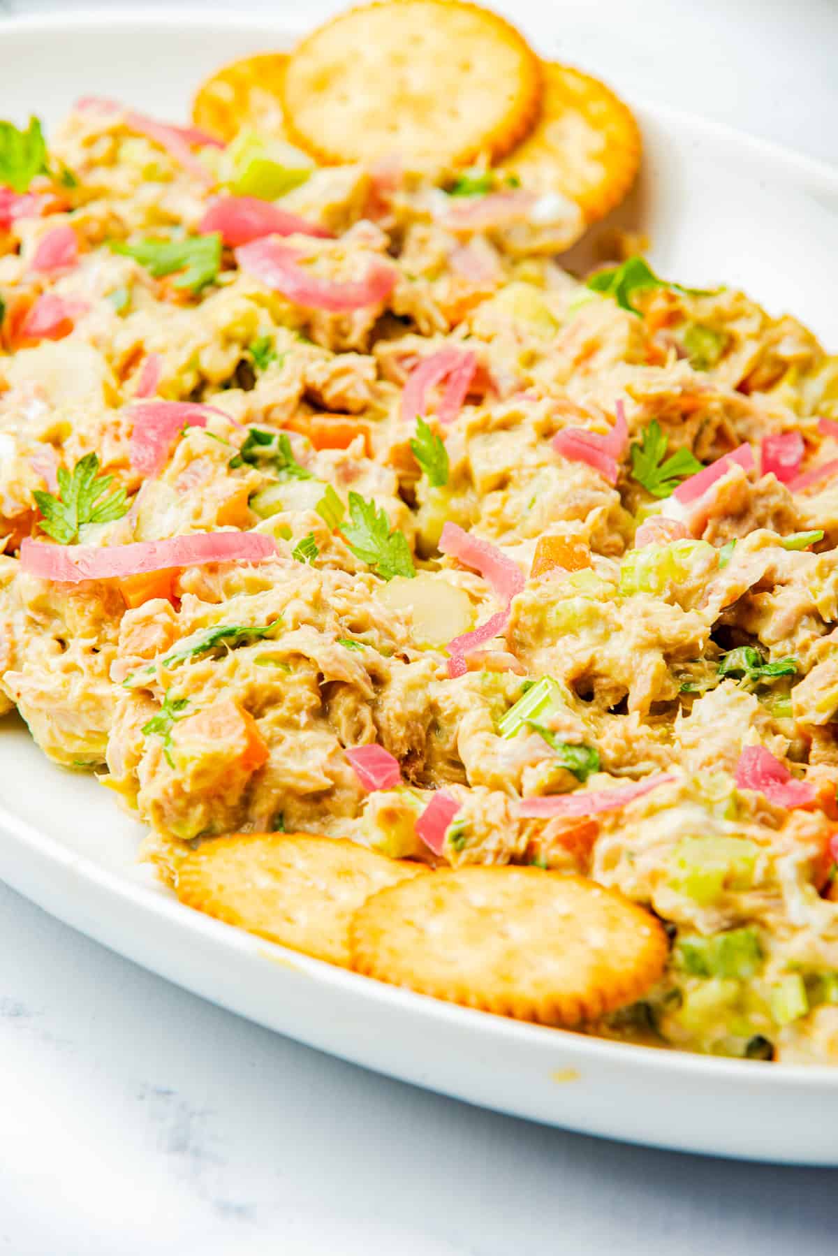 up close image of Tuna Salad Recipe on a serving platter