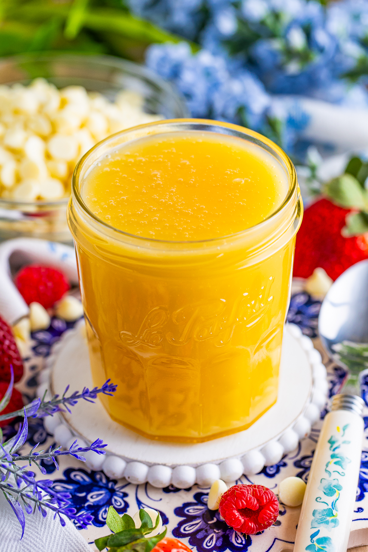 up close image of White Chocolate Sauce in glass jar