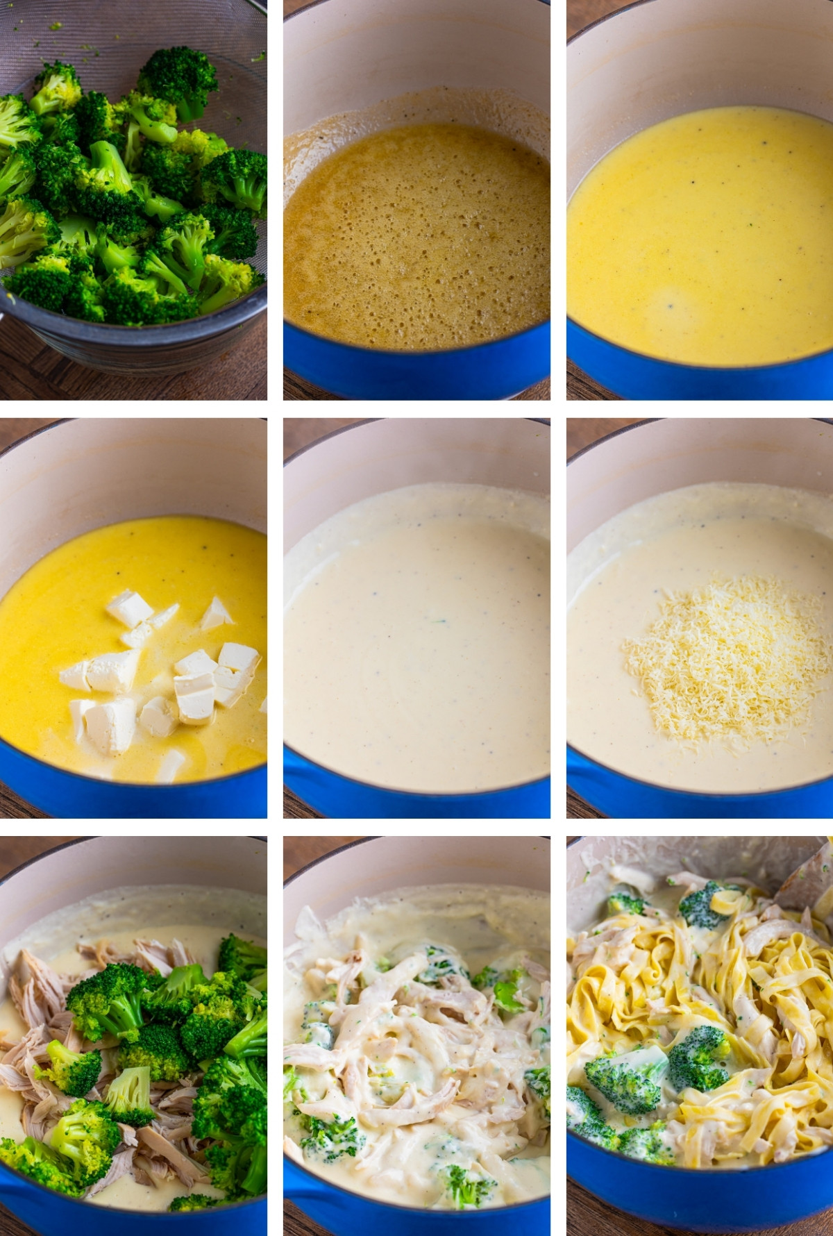 collage of images showing how to make Chicken and Broccoli Fettuccine Alfredo