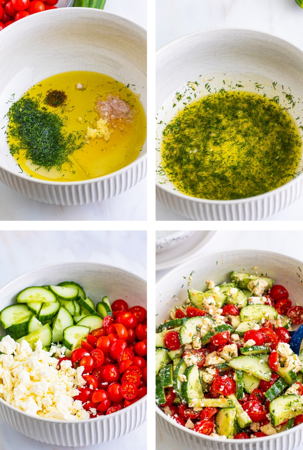 collage of images showing how to make Cucumber Tomato Feta Cheese Salad