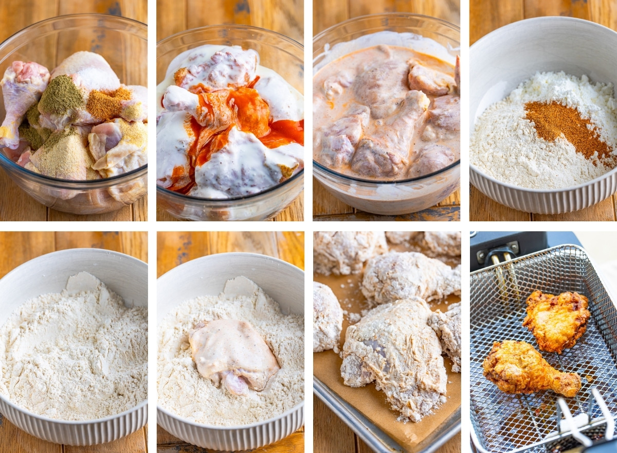 collage of images showing how to make Louisiana Fried Chicken