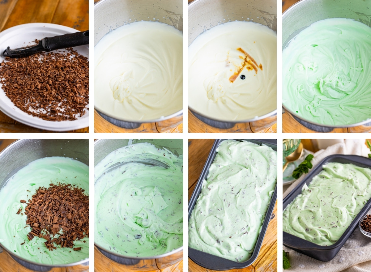 collage of images showing how to make mint chocolate chip ice cream