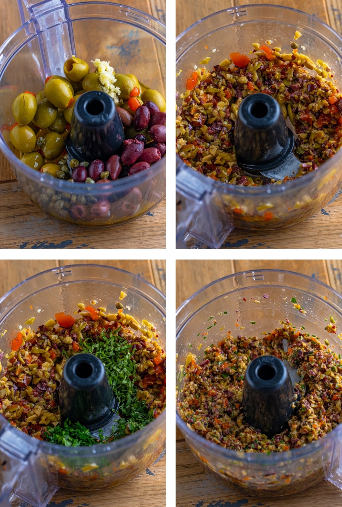 collage of images showing how to make olive tapenade