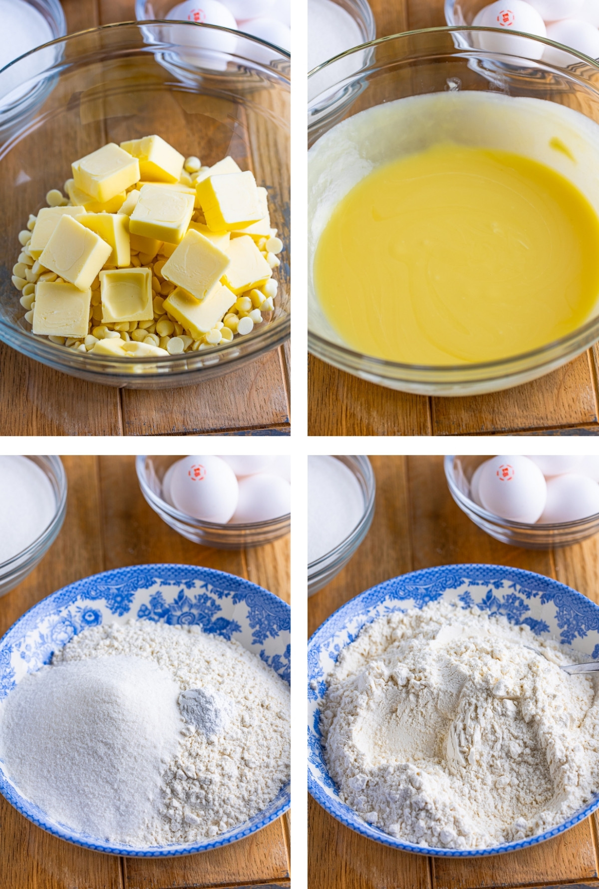 collage of images showing how to make the first steps of White Chocolate Brownies