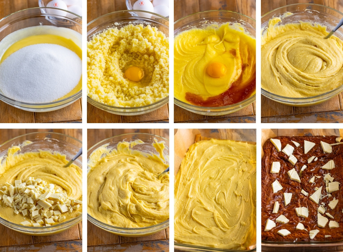 collage of images showing how to make the batter and bake White Chocolate Brownies