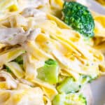 A plate of creamy chicken and broccoli fettuccine alfredo twirled on a fork.