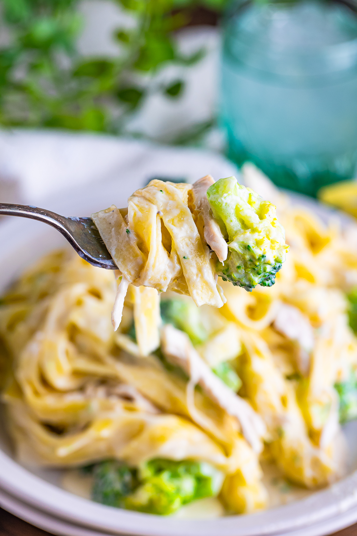 a fork holding up a bite of Chicken and Broccoli Fettuccine Alfredo in air