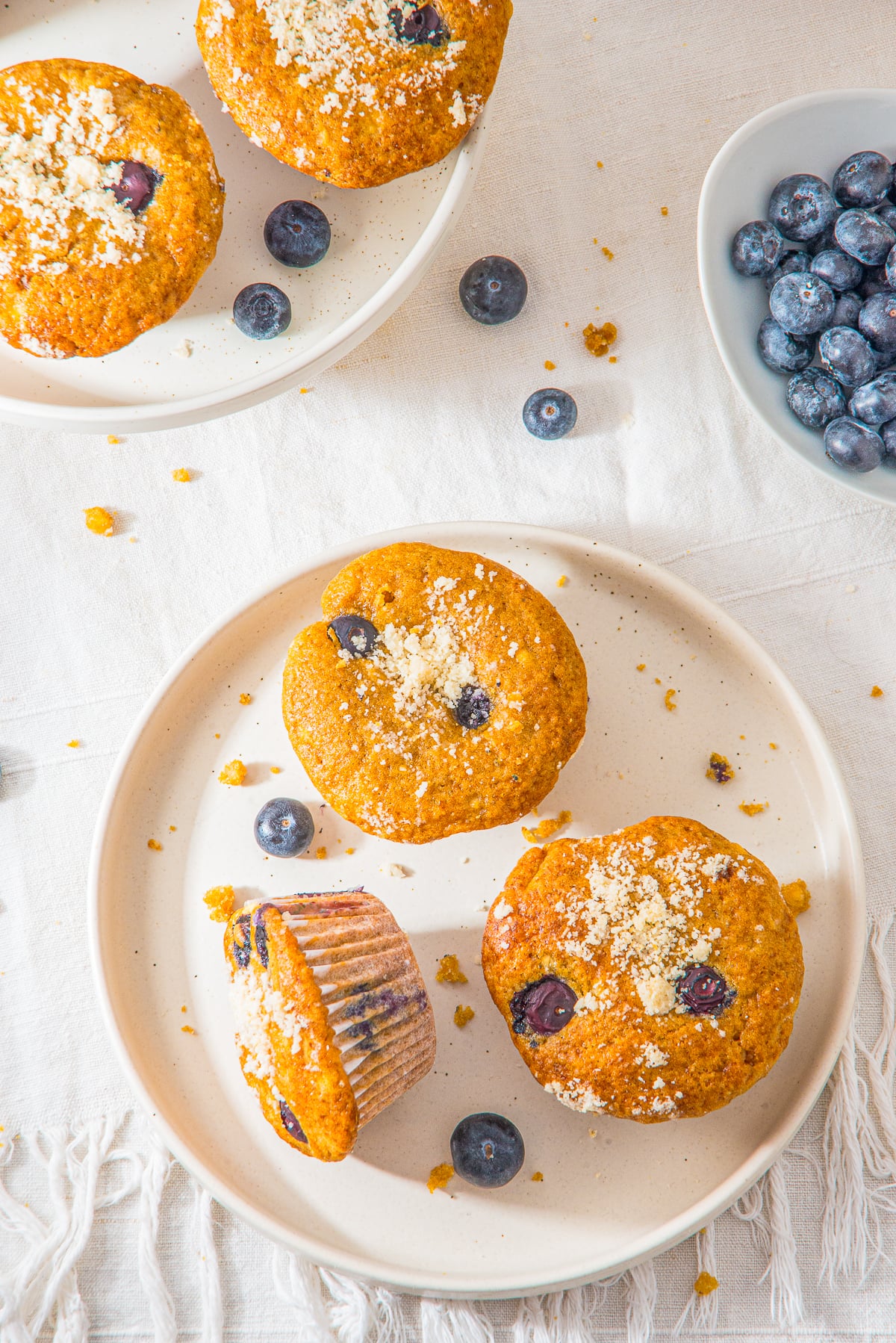 overhead image of cottage cheese muffins on serving plates