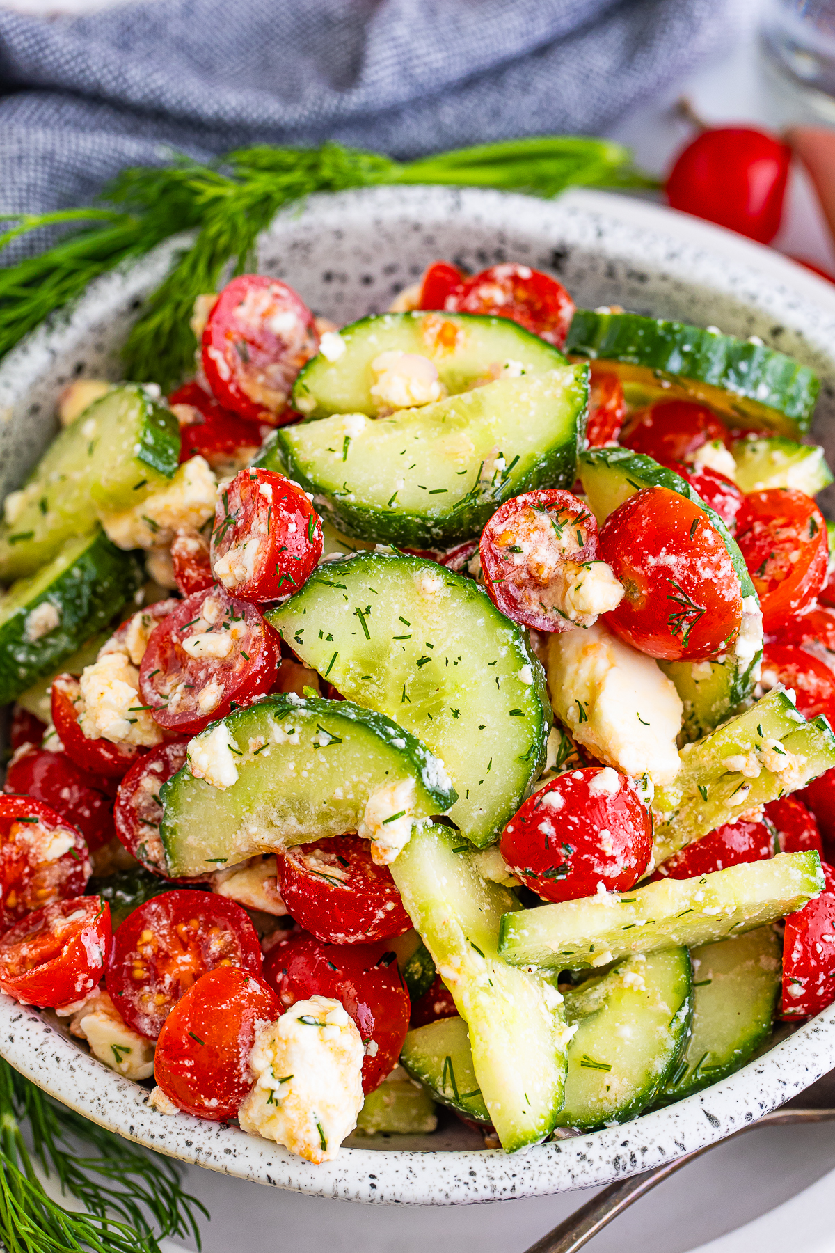 overhead image of Cucumber Tomato Feta Cheese Salad in a serving bowl