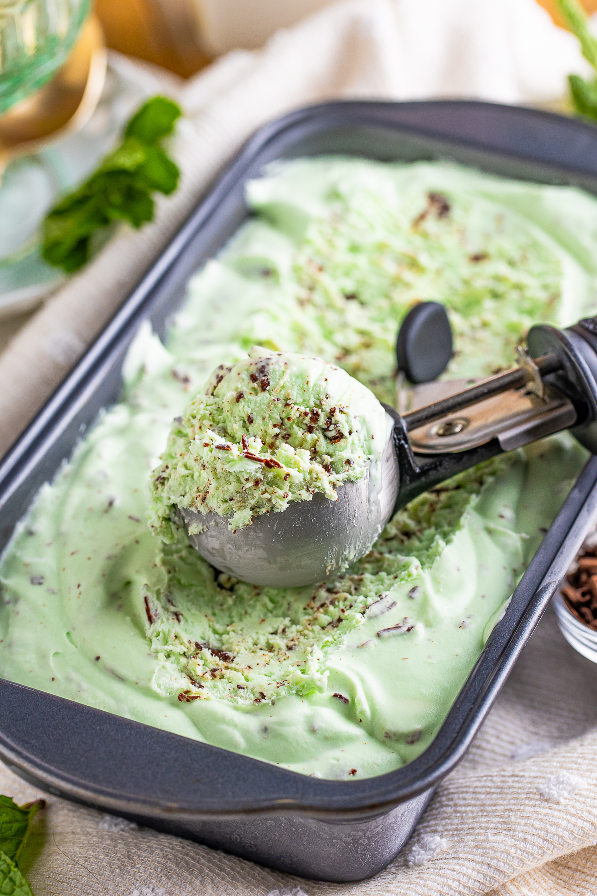 a scoop resting in a pan of mint chocolate chip ice cream