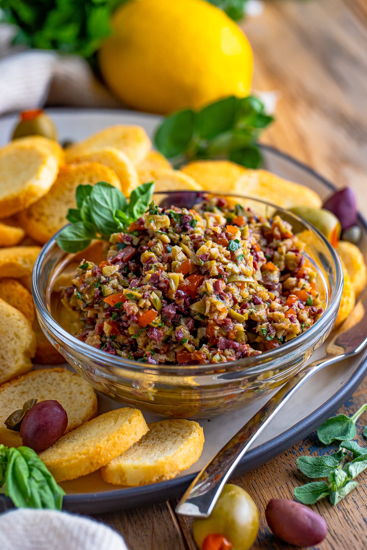 olive tapenade served in a glass bowl