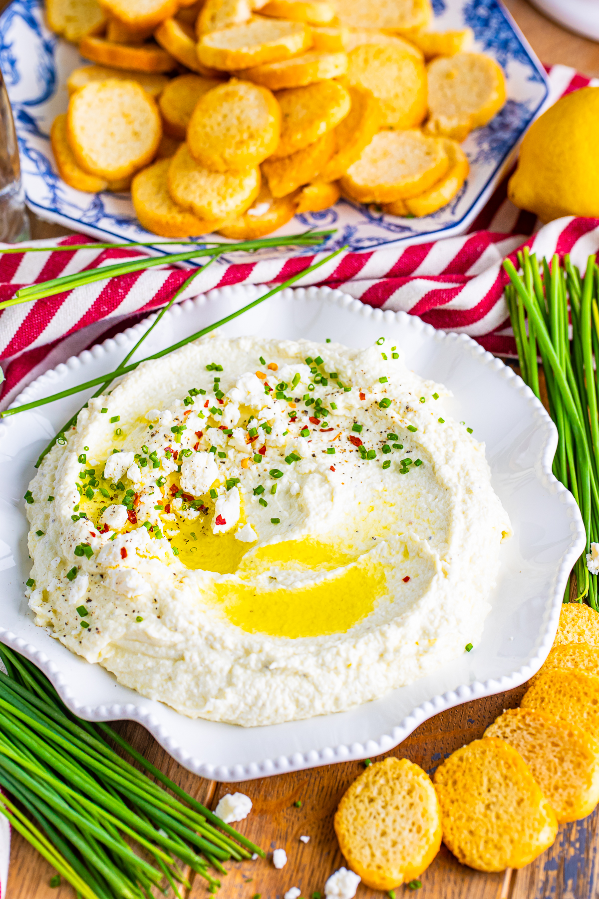 overhead image of Whipped Feta Cheese on a serving plate