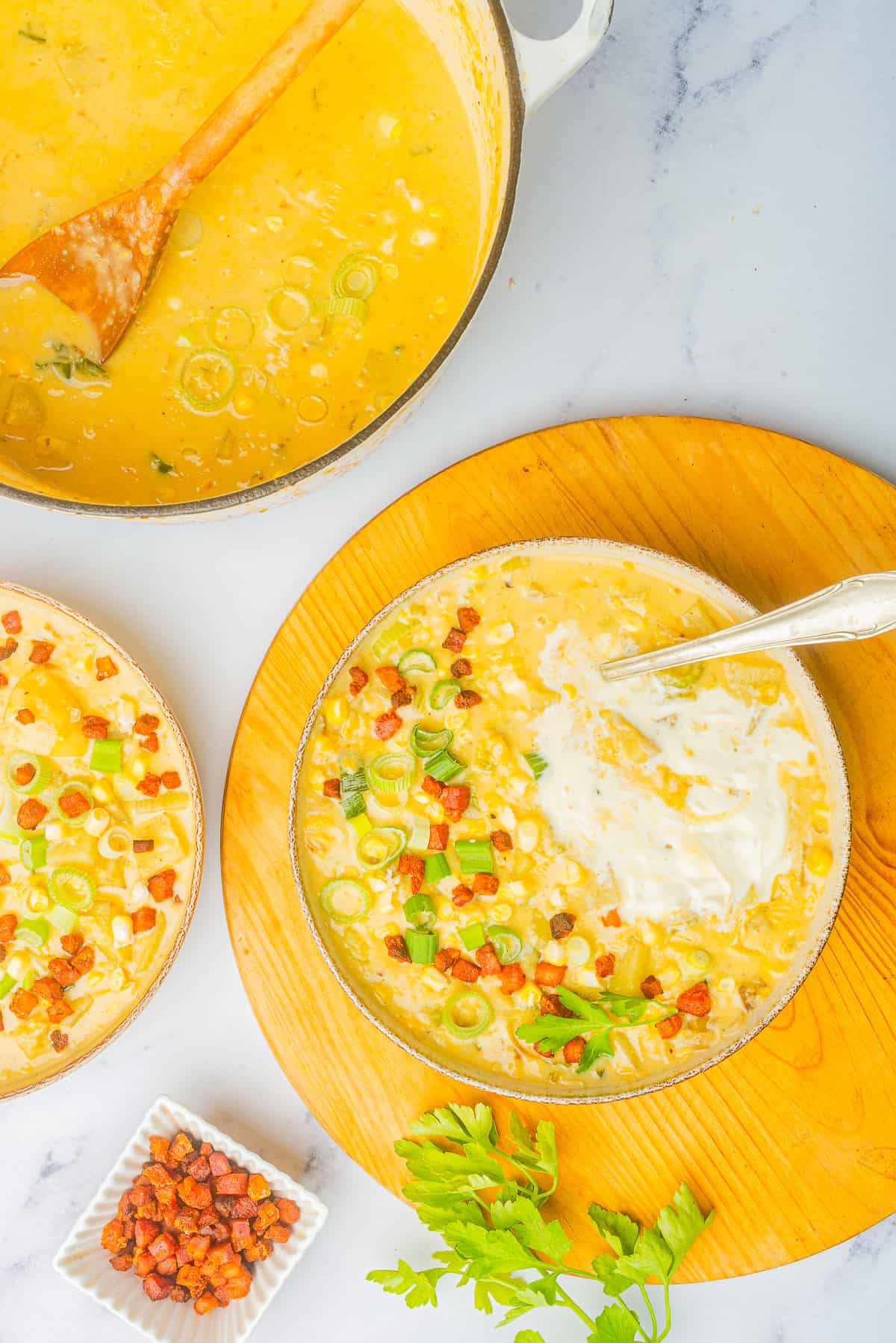 overhead image of finished Corn Chowder in serving bowls