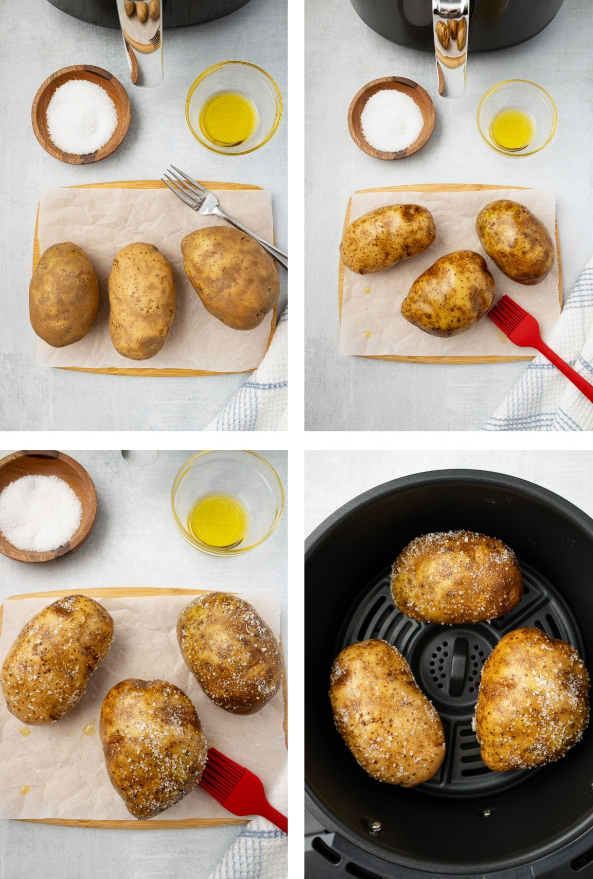 steps to making the potatoes
Preheat your air fryer to 400°F.

Wash and scrub the potatoes thoroughly under running water, then pat them dry. Prick each potato 3-4 times with a fork to allow steam to escape while cooking. Brush each potato with olive oil and sprinkle generously with kosher salt for extra crispy skin.

Place the potatoes in the air fryer basket in a single layer, ensuring at least ½ inch of space to allow air flow between them for even cooking. Air fry for 25 minutes. Flip and cook an additional 15 minutes until fork tender. 

Check for doneness by inserting a fork into the center. If it’s tender, they’re ready. If there is any resistance, cook for an additional 3-5 minutes and check again.

Let the potatoes cool for 5 minutes. Slice across the top lengthwise then squeeze the sides toward the center. Fluff the insides with a fork and top with your favorite toppings.