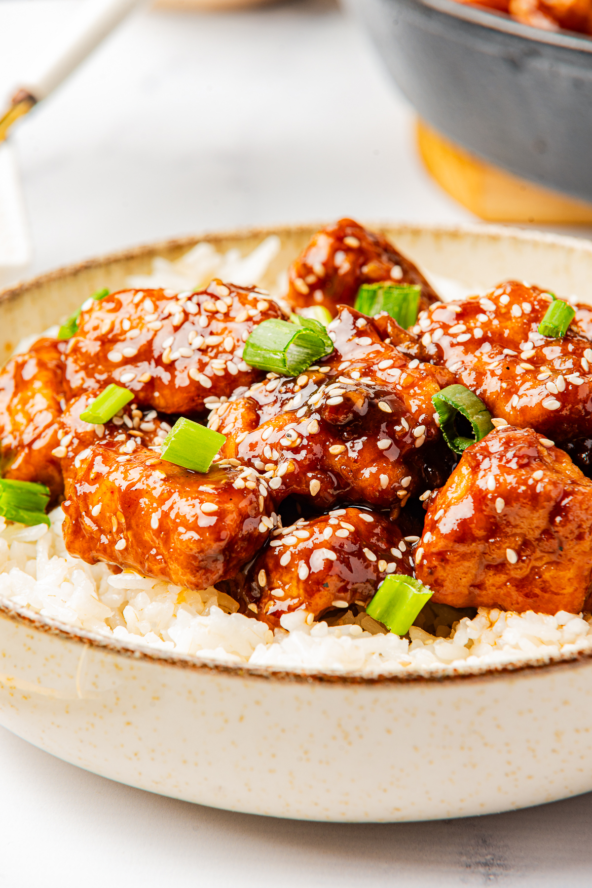 This is a picture of the final dish in all its glory.  Orange coated chicken with sesame seeds, rice and green onions.  This is very up close where you can see the detials.