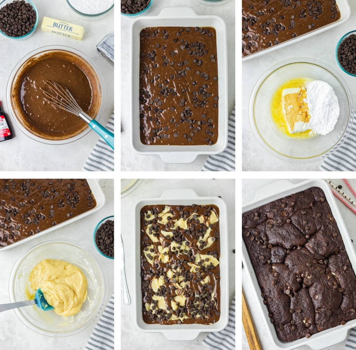 these are the steps in picture format of all of the steps to make the cake.
Preheat the oven to 350 degrees, grease a 9×13″ pan, set aside.

Mix cake according to package directions.

Pour batter into the prepared pan.

Sprinkle with chocolate chips.

Mix the melted butter, cream cheese and vanilla together until combined.

Add the powdered sugar and mix until incorporated

Spoon dollops of cream cheese mixture over cake, swirl gently with a knife.

Bake for 40-45 minutes. Remove from the oven and let cool.