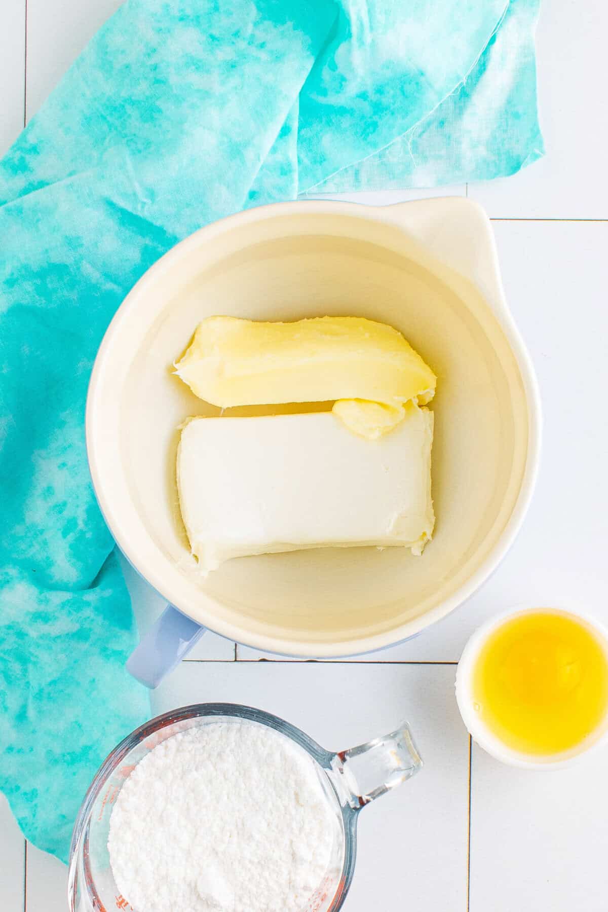 Here is a picture of all the ingredients.
cream cheese
unsalted butter
powdered sugar
egg
baking powder
vanilla extract
kosher salt
all-purpose flour