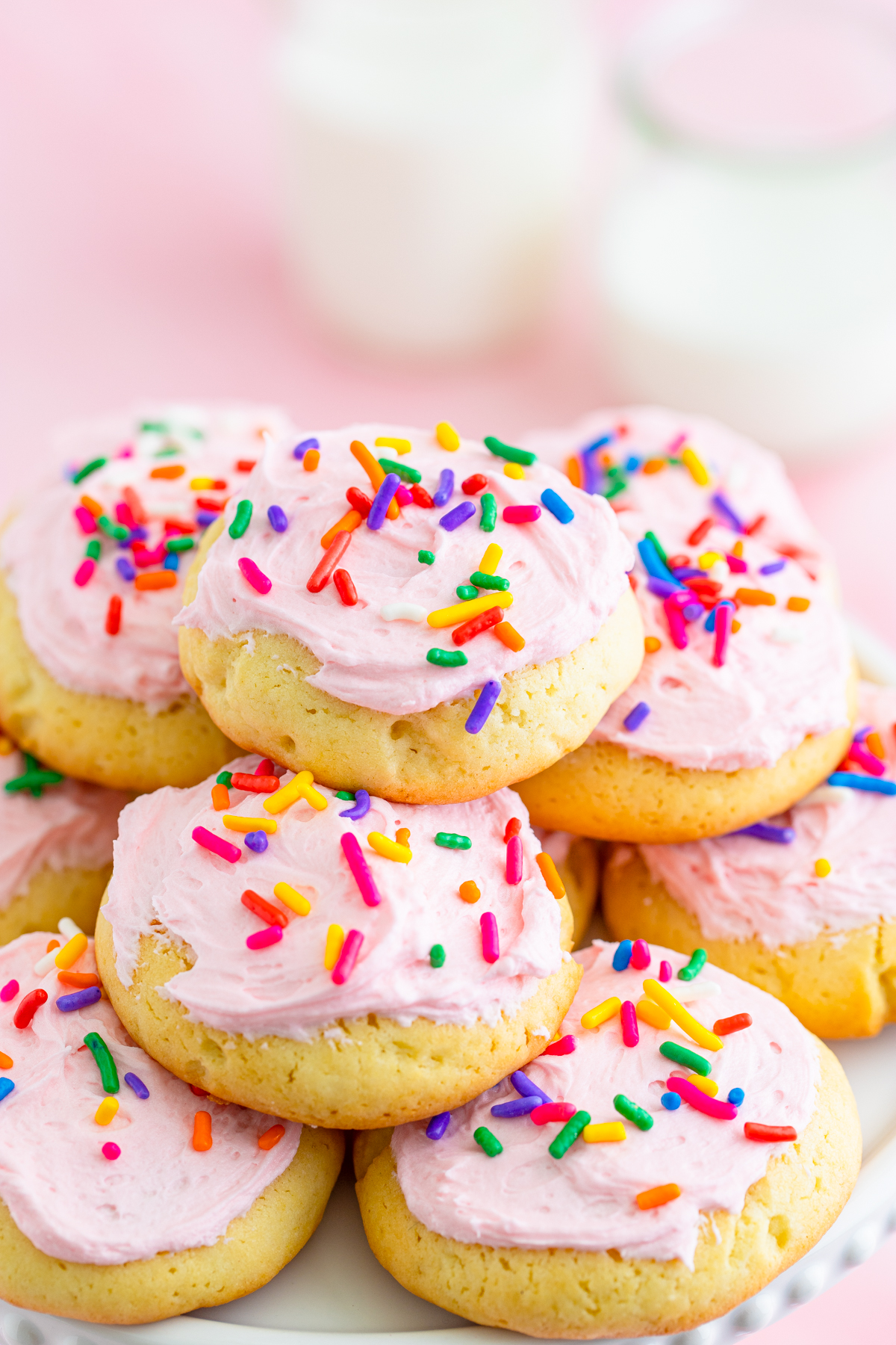 A full plate of frosted Lofthouse cookies with sprinkles. YUM