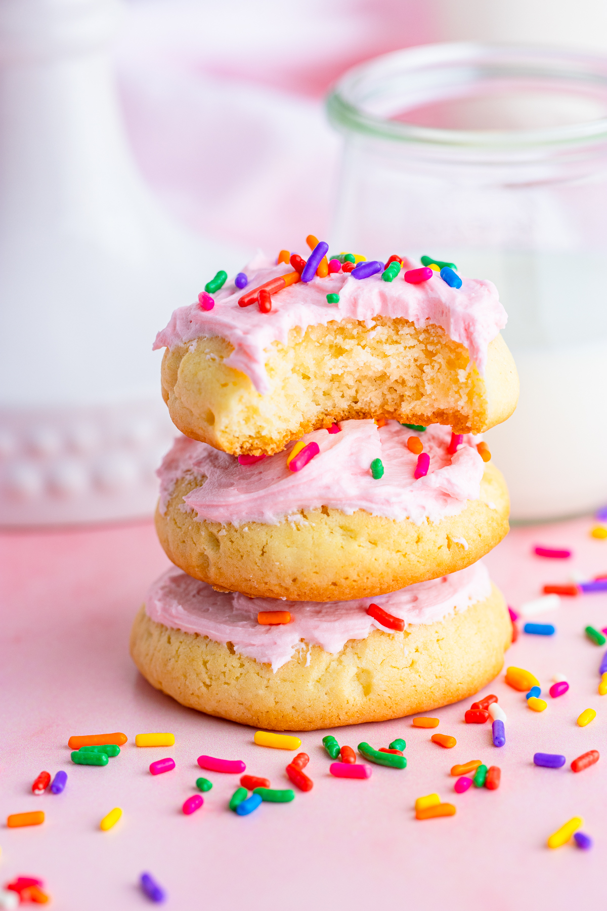 FInal picture of the three cookies stacked with a bite out of the cookie on top.