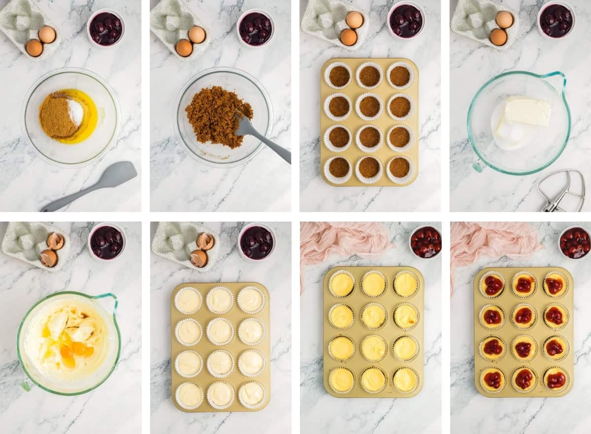 These are all the steps to making the mini cheesecakes. This is what each step should look like based on the instructions listed.
